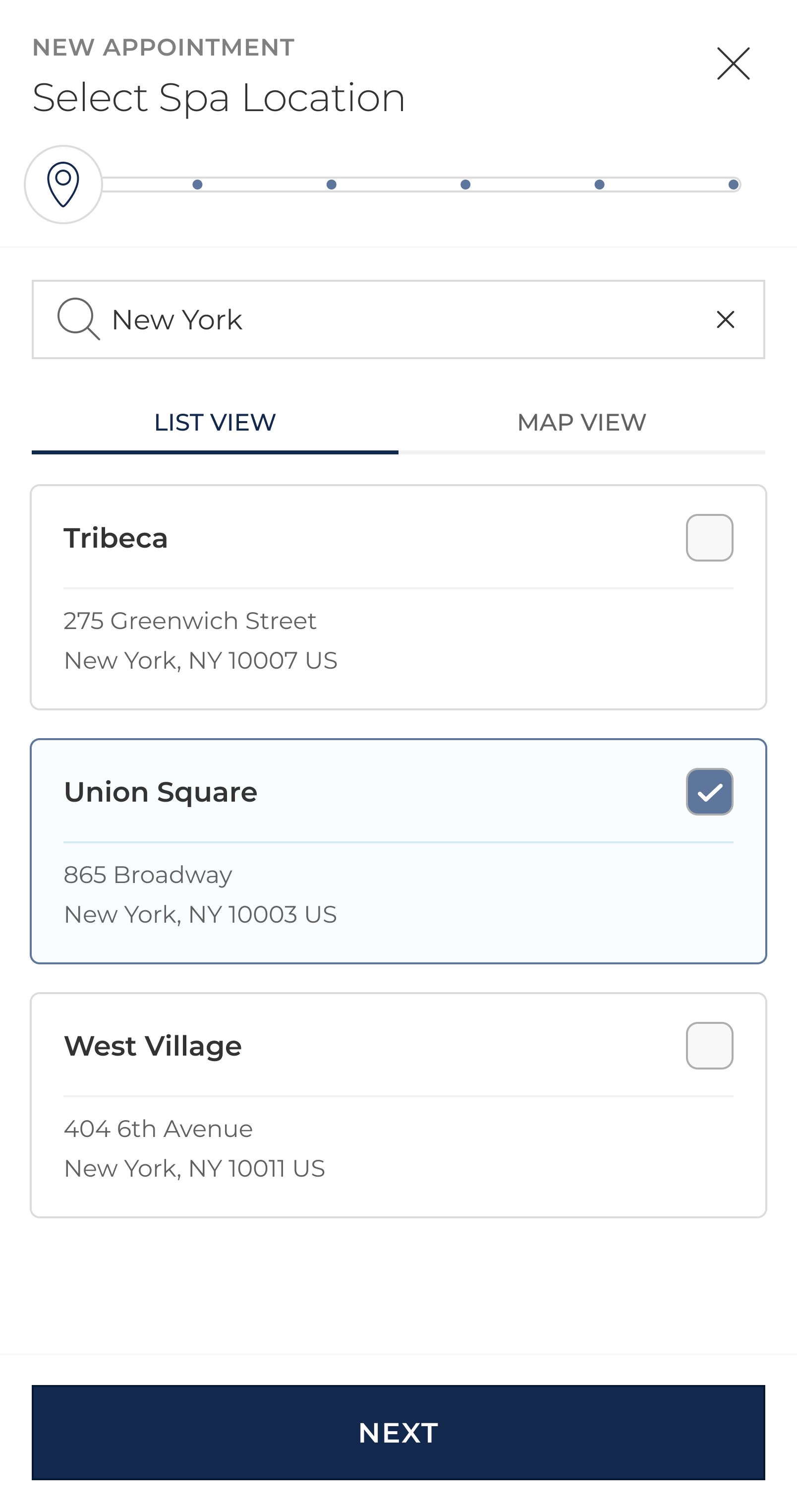 Appointment booking step 1 on mobile for Bluemercury site