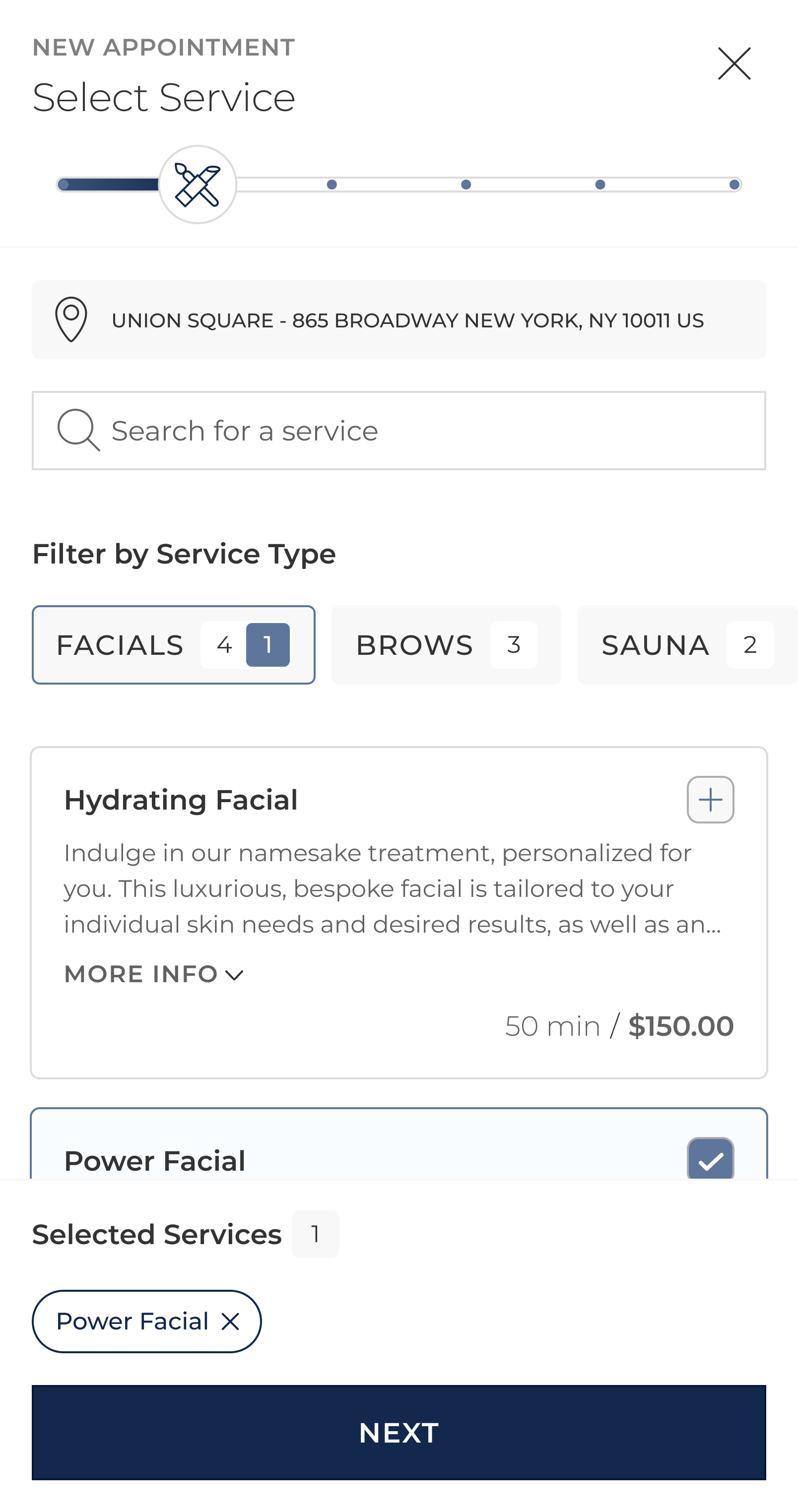 Appointment booking step 2 on mobile for Bluemercury site