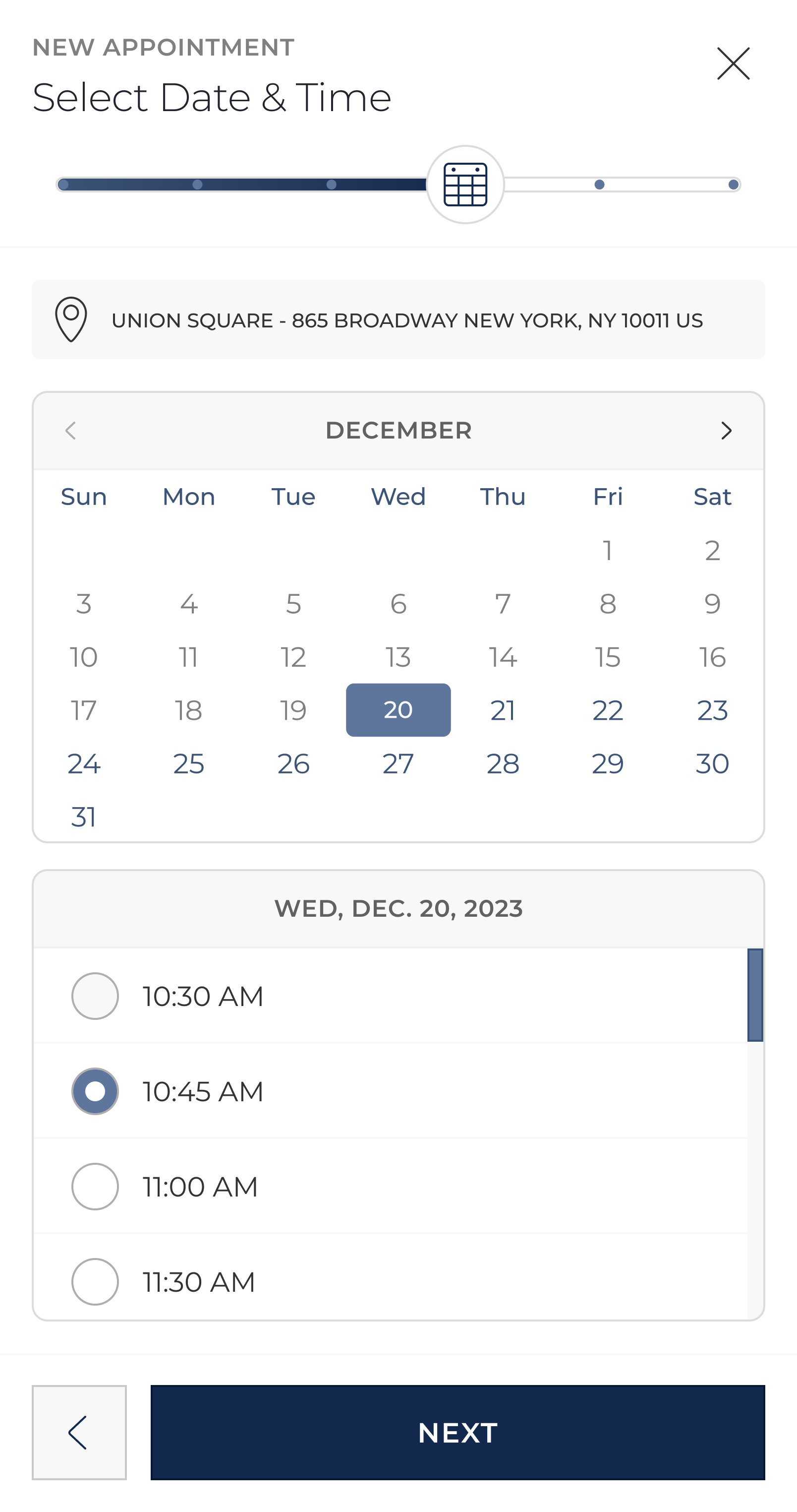 Appointment booking step 4 on mobile for Bluemercury site