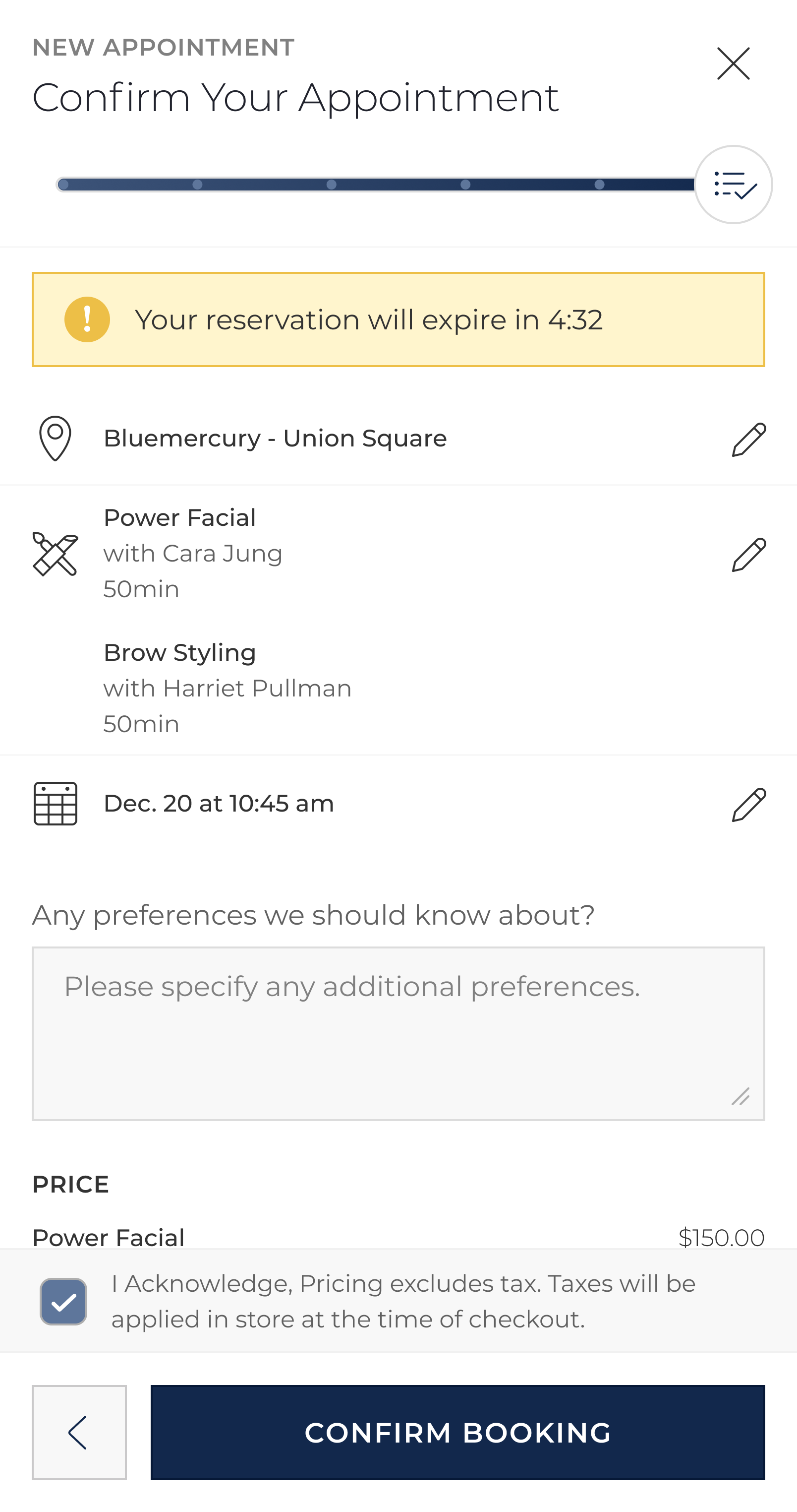 Appointment booking step 5 on mobile for Bluemercury site