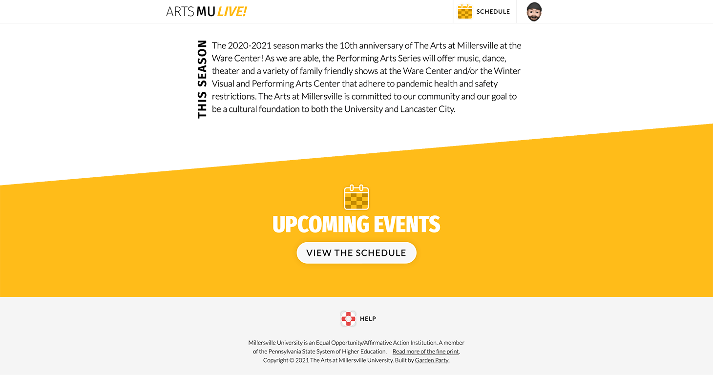 MU Arts Live Web App home screen on desktop