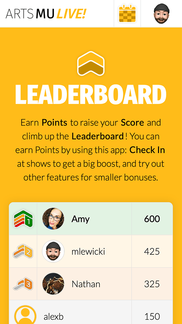 MU Arts Live Web App leaderboard screen on mobile