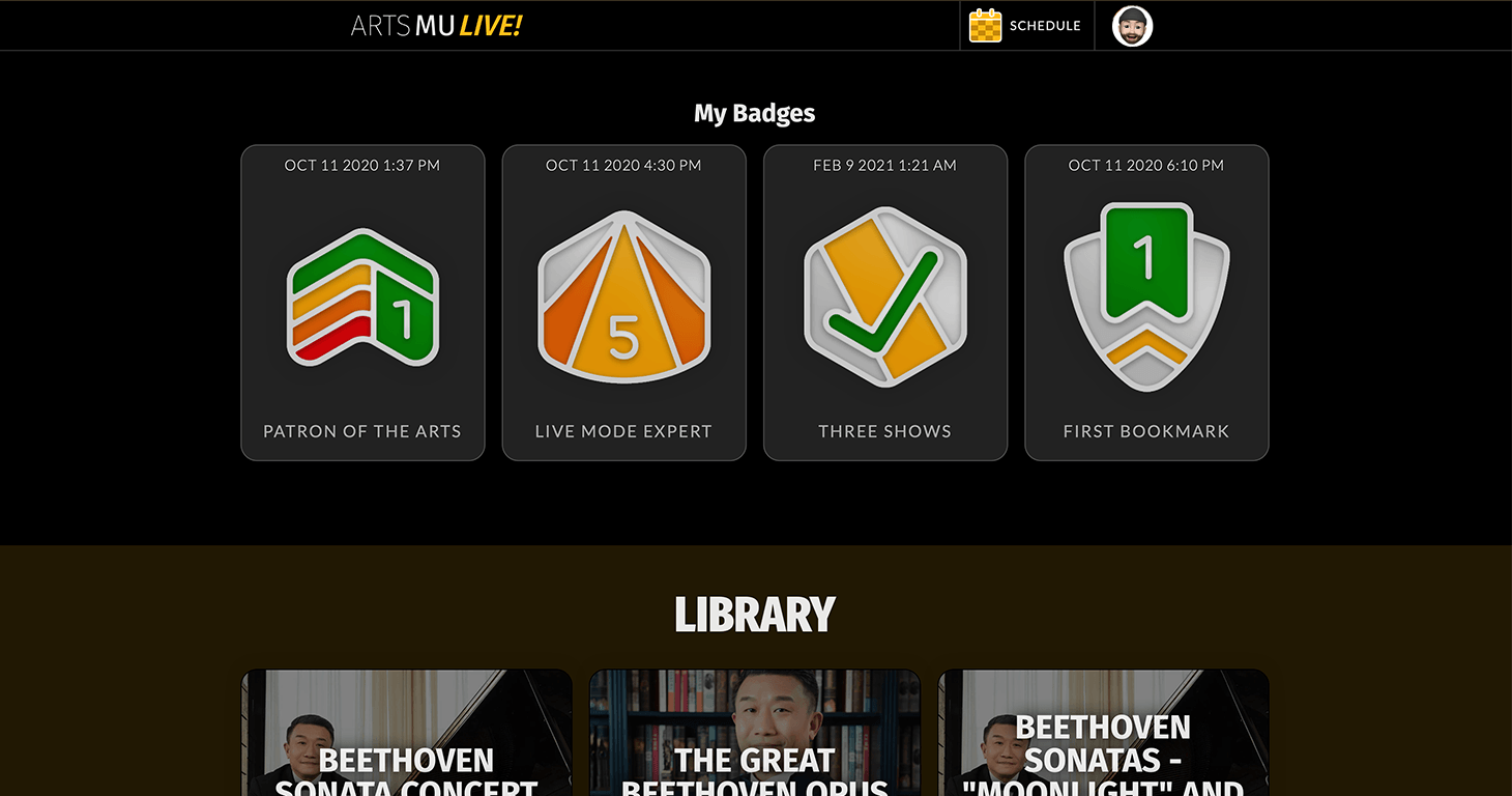 MU Arts Live Web App profile screen on desktop
